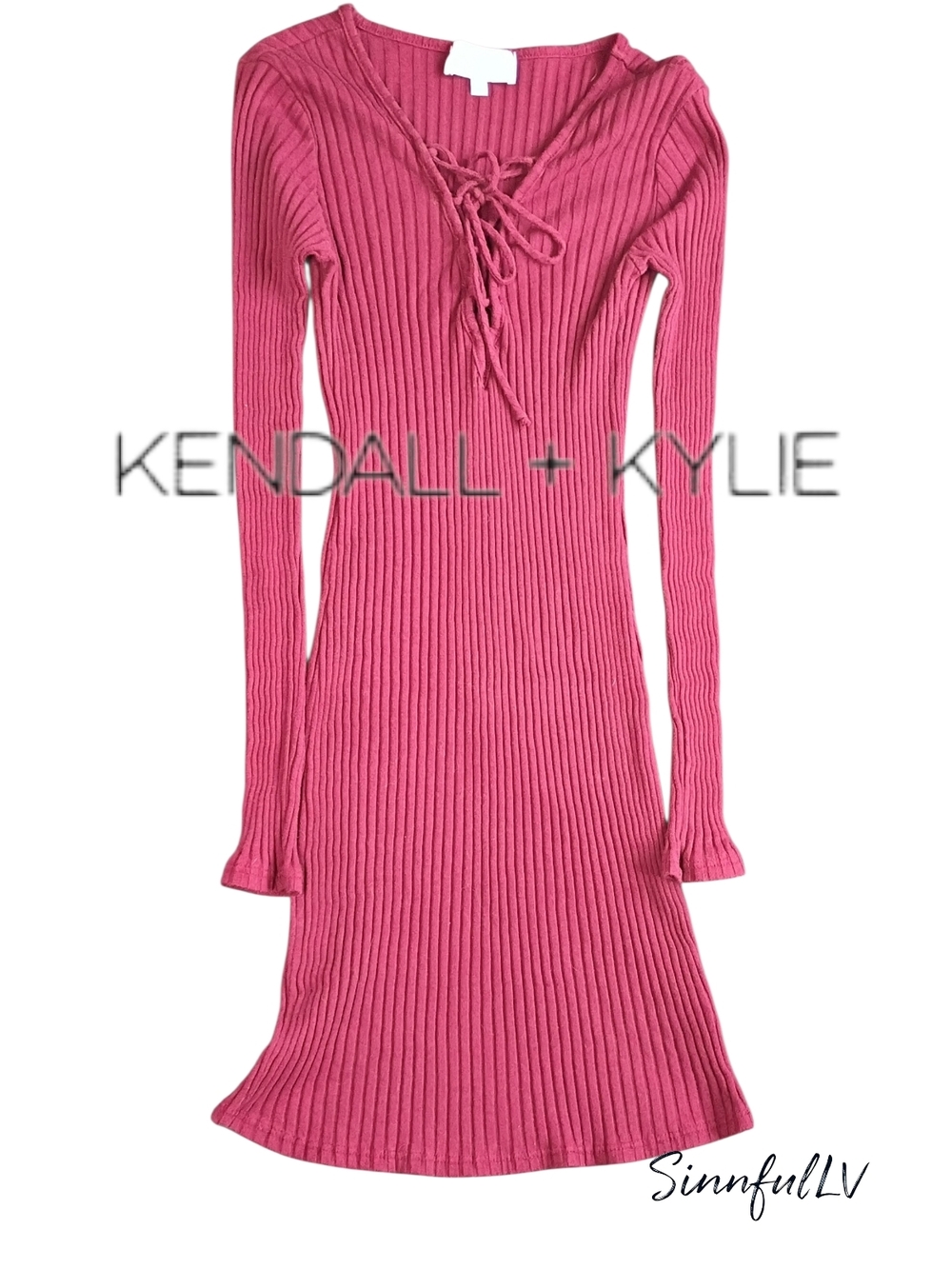 Kendall & Kylie Ribbed Lace-Up Long sleeve Bodycon Dress - MD
